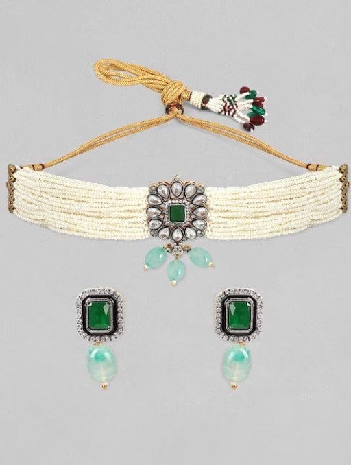 Rubans Studded Green and White Beads Choker Set. Necklace Set
