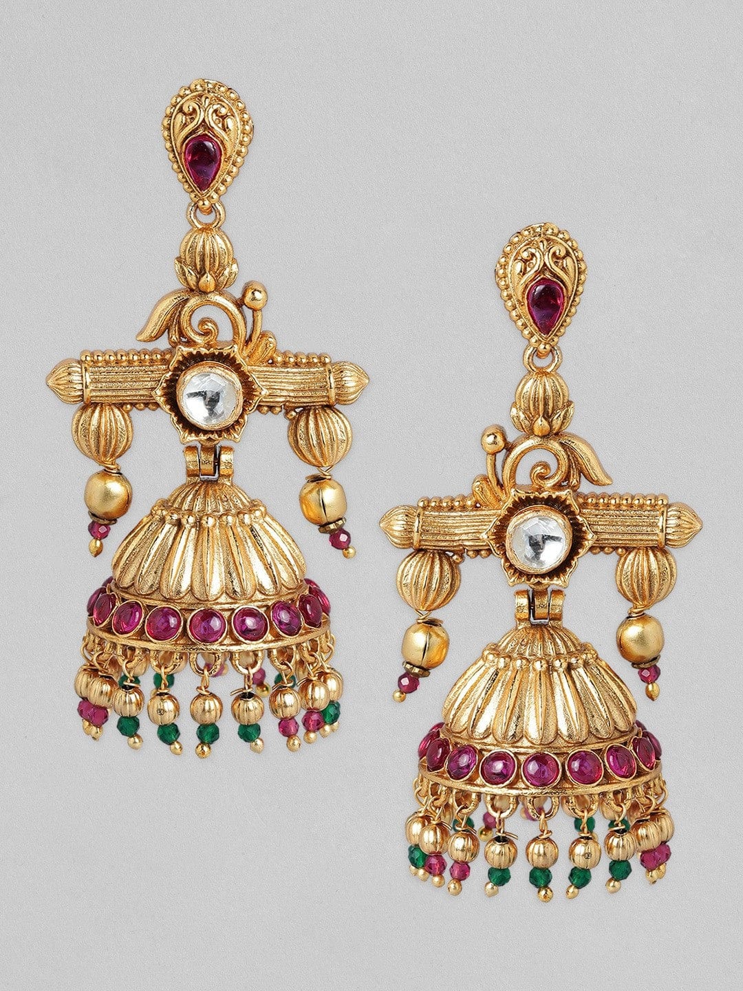 Rubans Traditional Gold Jhumkas With Pink and Green Beads Earrings