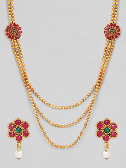 Rubans Traditional Gold Plated Layered Necklace Set With Ruby Stoned Earrings Earrings