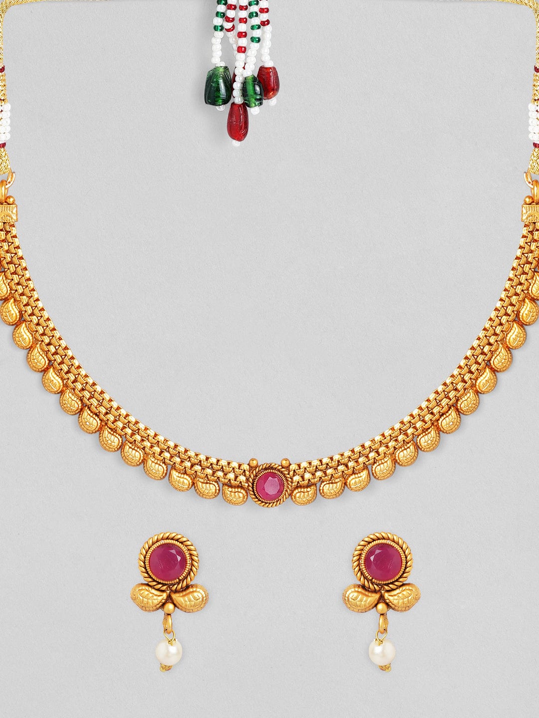 Rubans Traditional Gold Plated Pink Stone Studded Necklace Set Necklace Set