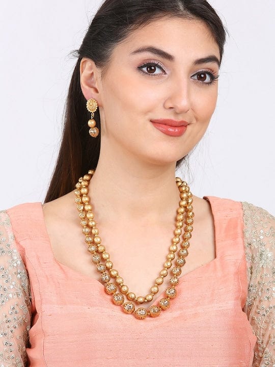 Rubans Traditional Handmade Antique Gold Beads Strand Multilayer Long Necklace Set Necklaces, Necklace Sets, Chains & Mangalsutra