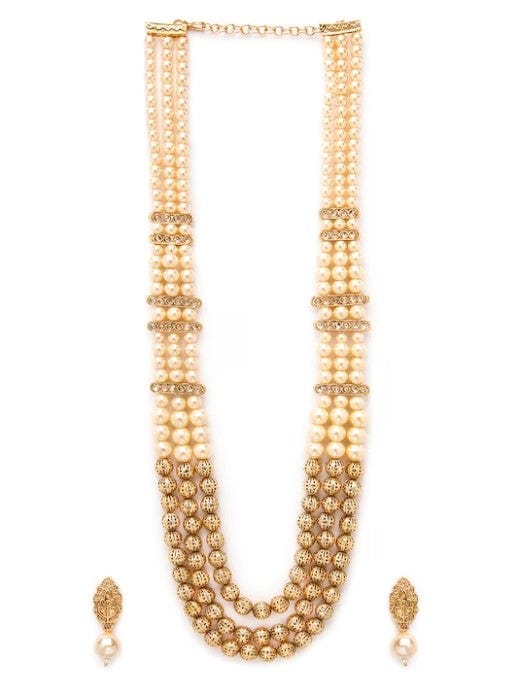 Rubans Traditional Handmade Pearl And Antique Gold Beads Strand Multilayer Long Necklace Set Necklace Set