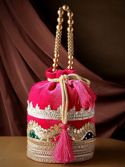 Rubans Velvet Potli Bag with Gold Embroidery and Beaded Accents Bags