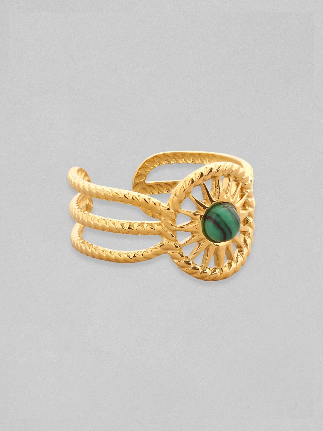 Rubans Voguish 18K Gold Plated Twisted Texture Green Stone Adjustable Ring Rings