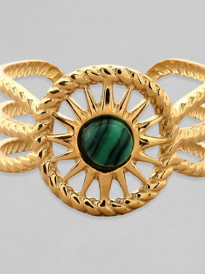 Rubans Voguish 18K Gold Plated Twisted Texture Green Stone Adjustable Ring Rings