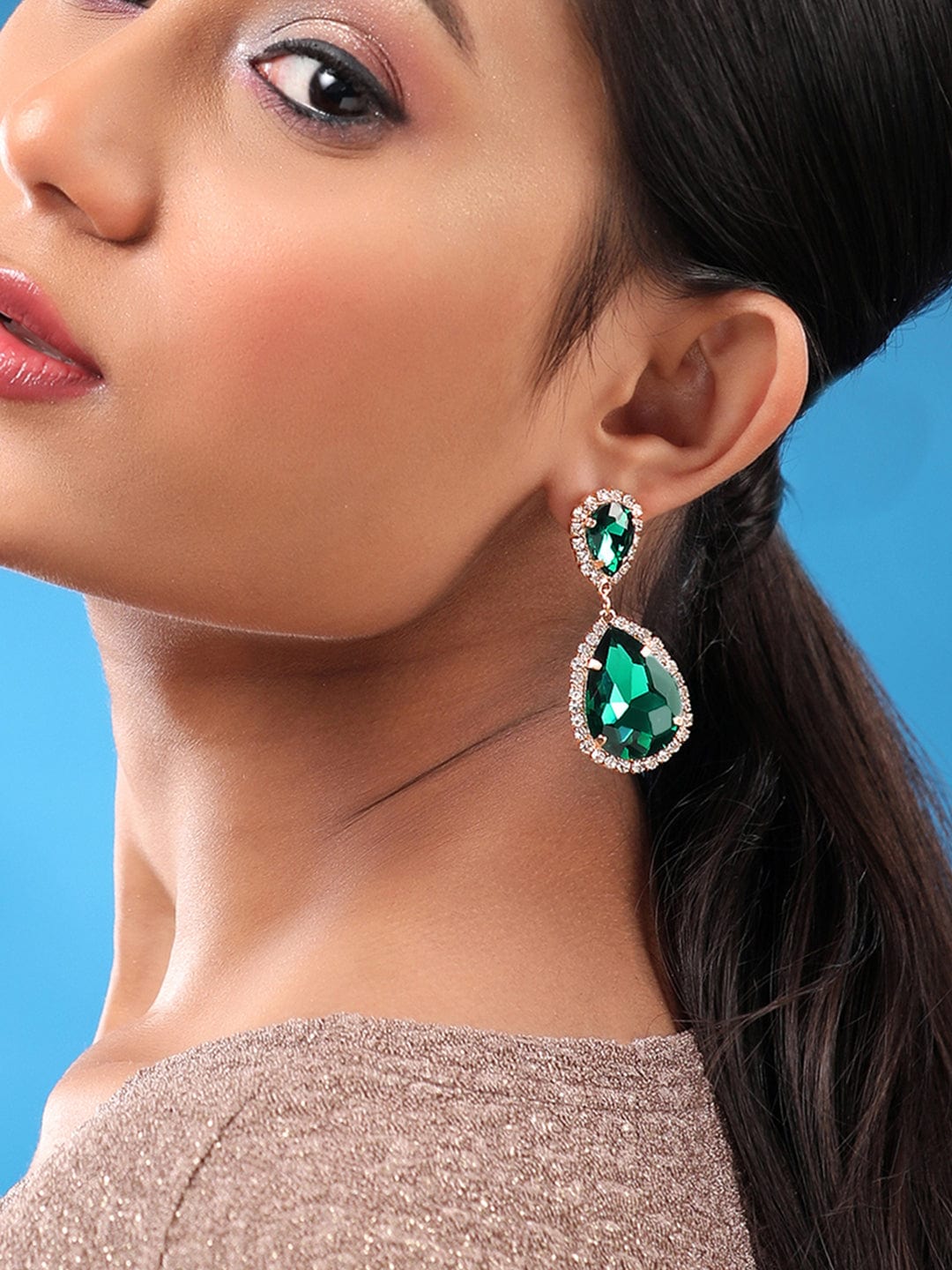 Rubans Voguish 18k Gold Toned Emerald Green Zircons Studded Pear Shaped Drop Earring Earrings