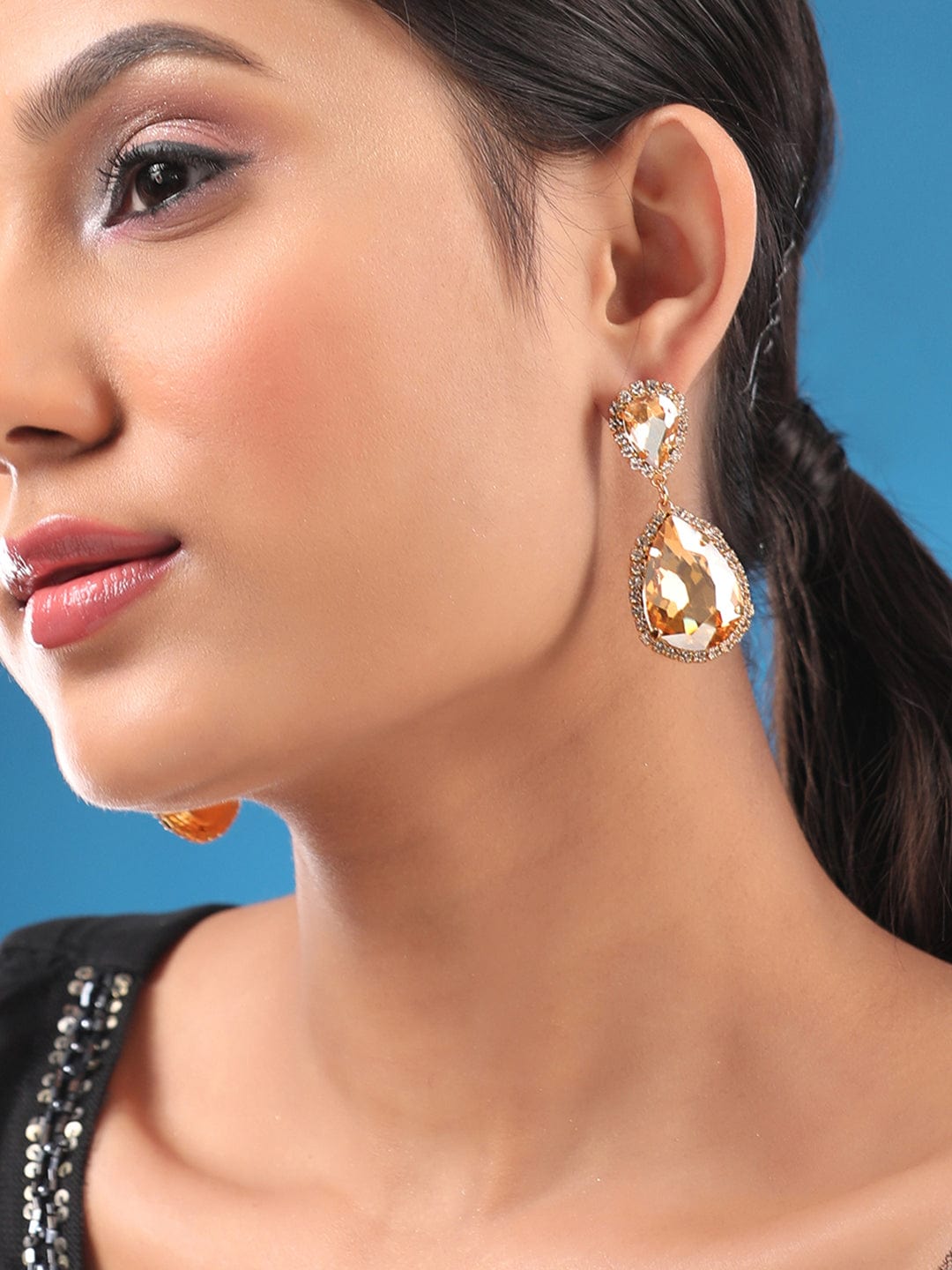 Rubans Voguish  18k Gold Toned Gold Zircons Studded Pear Shaped Drop Earring Earrings