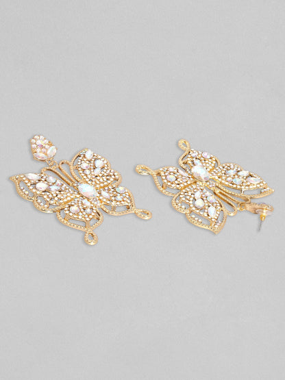 Rubans Voguish 18K Gold Toned White Zircons Studded Butterfly Dangle Earring Earrings