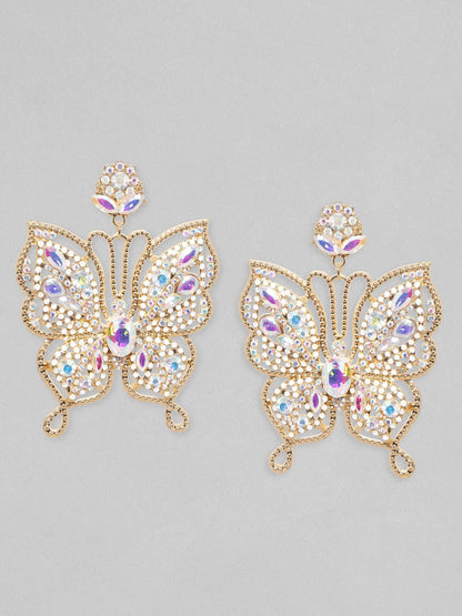 Rubans Voguish 18K Gold Toned White Zircons Studded Butterfly Dangle Earring Earrings