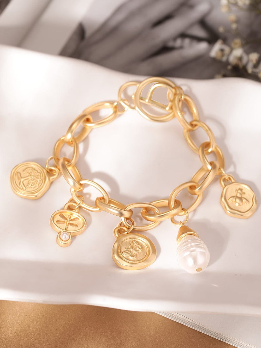 Rubans Voguish 22K Gold Plated Pearl Beaded Charm Dangle Link Chain Copper Bracelet Bangles & Bracelets