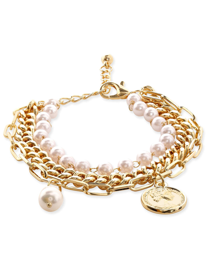 Rubans Voguish 22K Gold plated Pearl beaded link chain multilayered bracelet Bangles & Bracelets