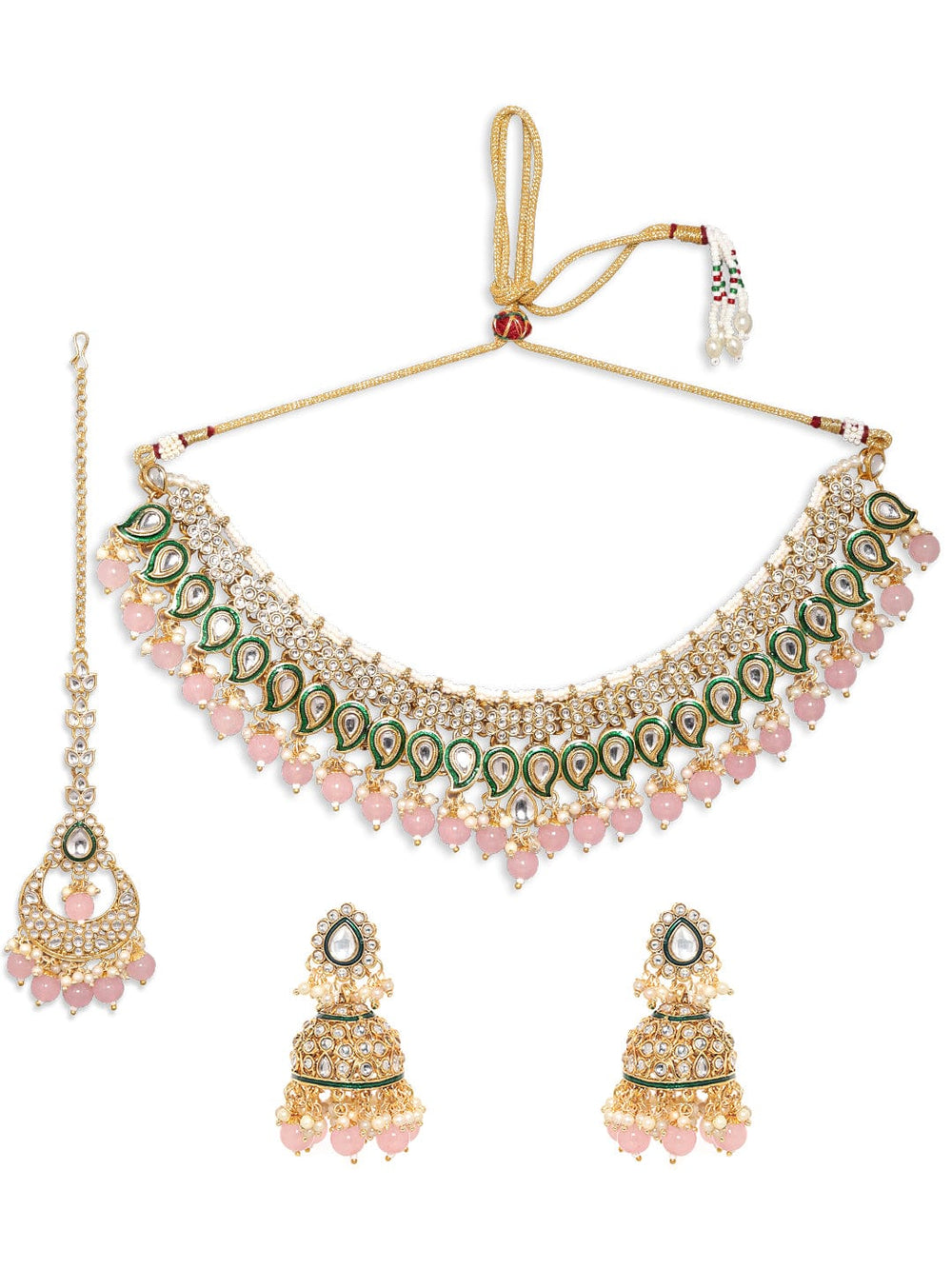 Rubans Voguish 24K Gold Plated Kundan Studded Green Enemal Pink Beaded Jewellery Set Jewellery Sets
