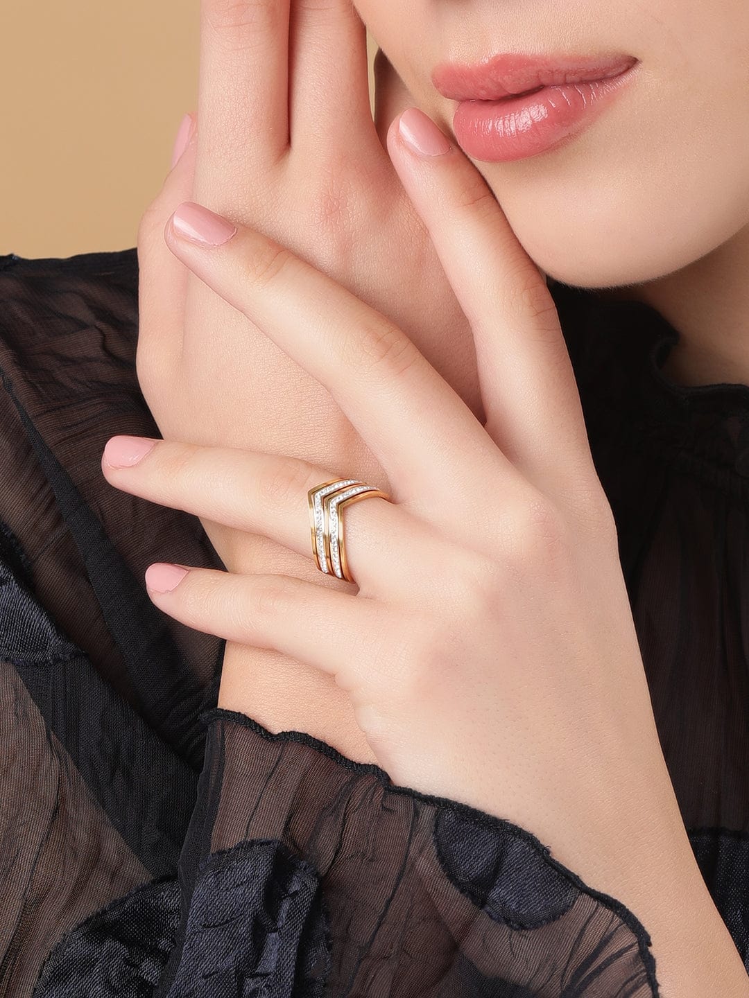 Rubans Voguish Gold plated Dazzling Zirconia Studded Adjustable Ring Rings