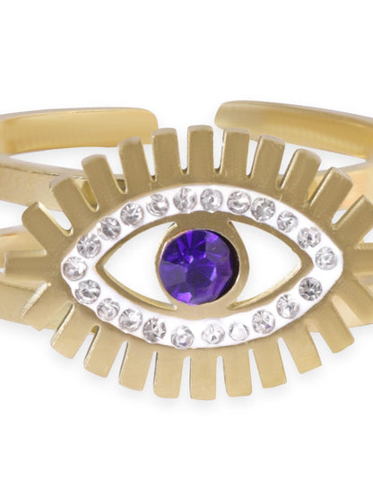Rubans Voguish Gold Plated Stainless Steel Zirconia Evil eye Adjustable Ring Rings
