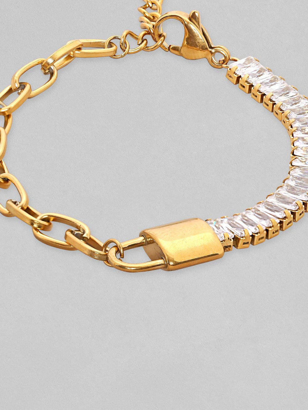 Rubans Voguish Gold Toned Stainless Steel With Baguette Zircons Link Bracelet Bangles & Bracelets