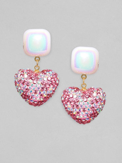 Rubans Voguish Pearl &amp; Pink Crystal Pave Studded Heart Motif Dangle Earring Earrings