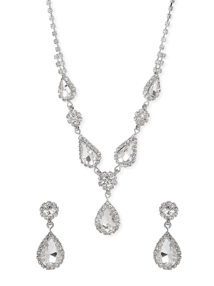 Rubans Voguish Rhodium plated crystal studded statement pendant necklace set Jewellery Sets