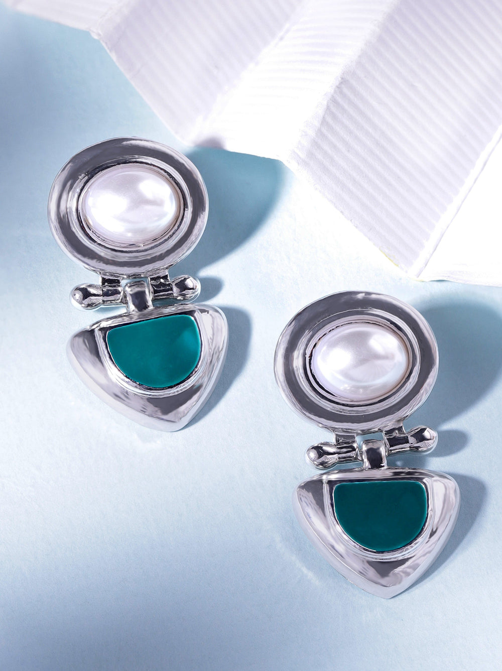 Rubans Voguish Rhodium plated Pearl studded Green Enamel Dangle Earrings Earrings
