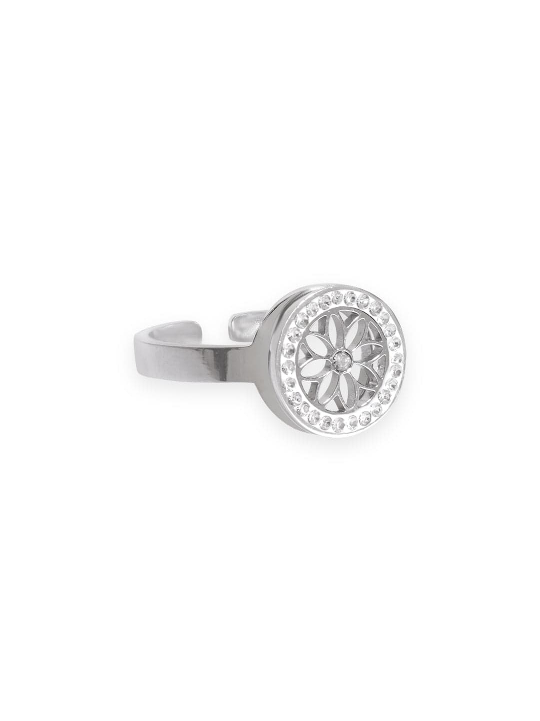 Rubans Voguish Rhodium Plated Stainless Steel Dazzling Zirconia Floral Motif Adjustable Ring Rings