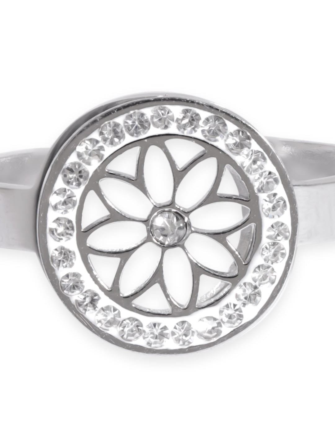 Rubans Voguish Rhodium Plated Stainless Steel Dazzling Zirconia Floral Motif Adjustable Ring Rings