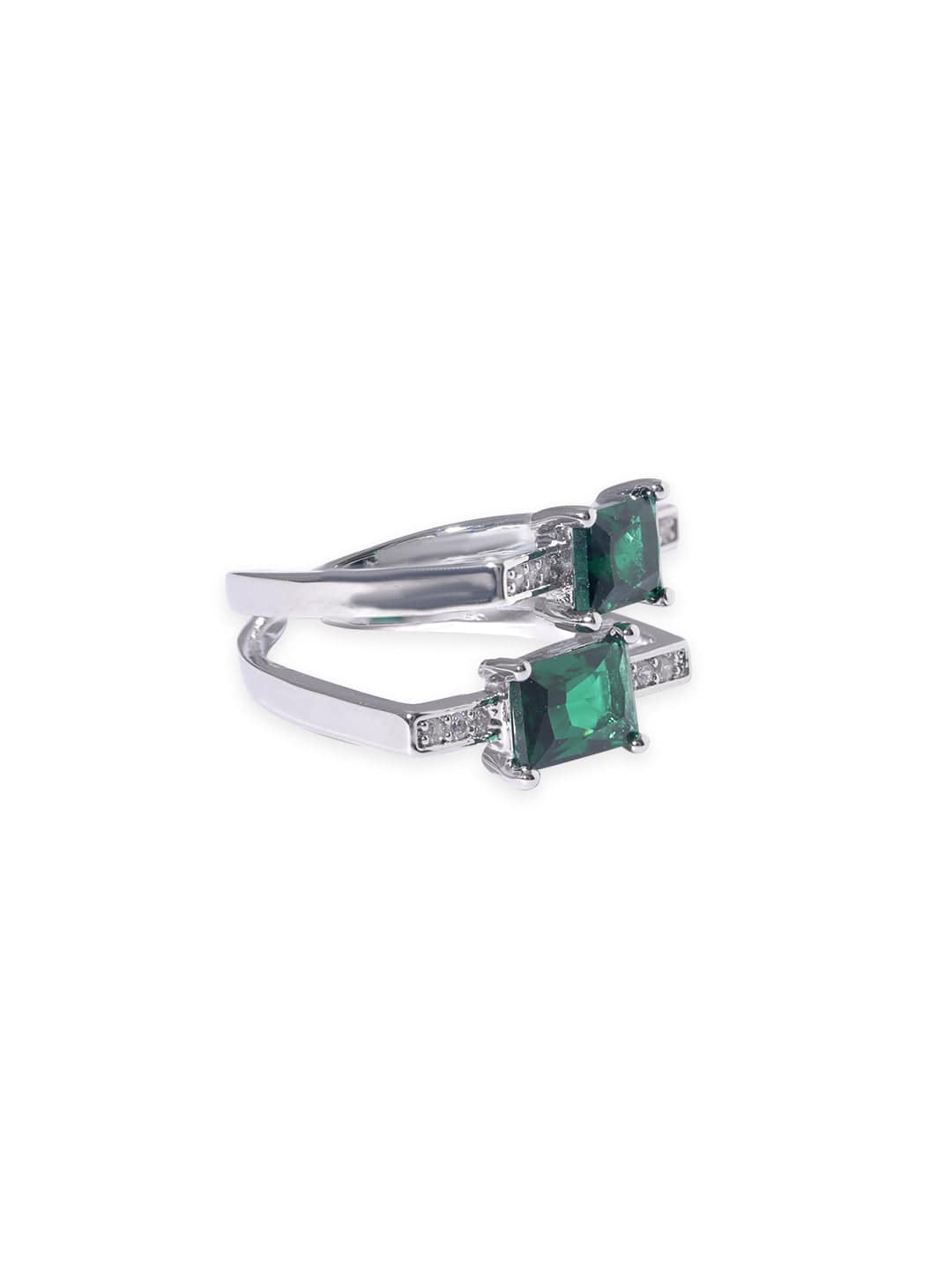 Rubans Voguish Rhodium plated Stainless Steel Green Zirconia Studded Adjustable Ring Rings