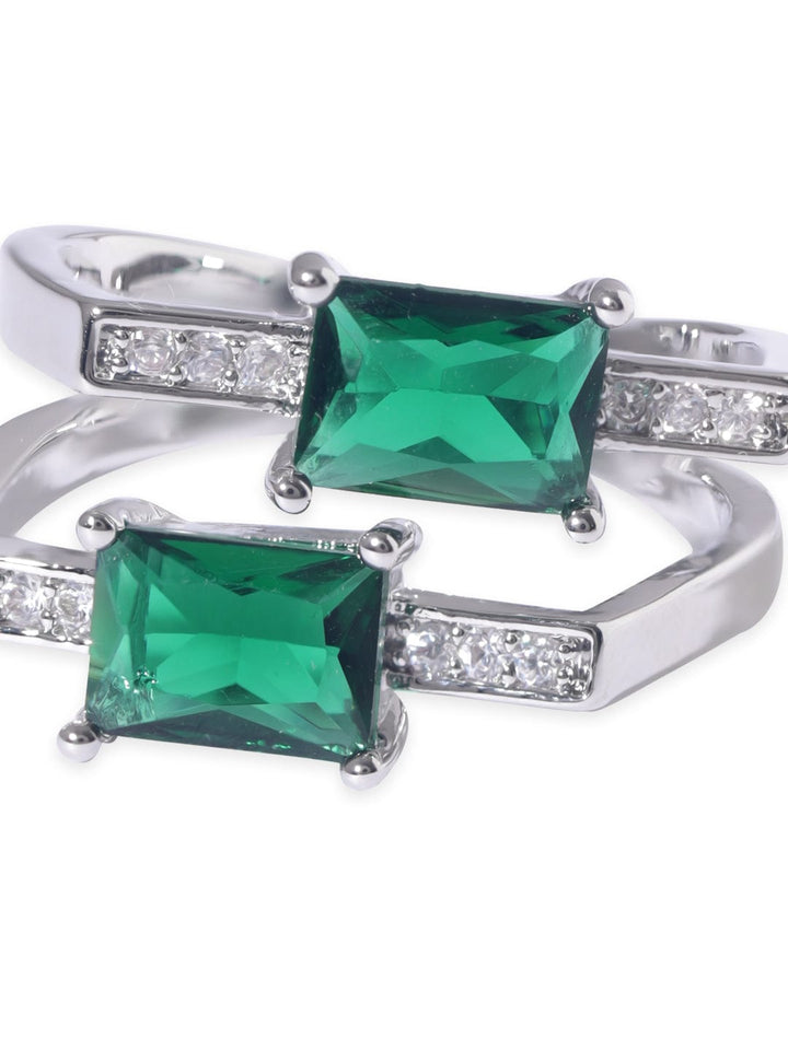 Rubans Voguish Rhodium plated Stainless Steel Green Zirconia Studded Adjustable Ring Rings
