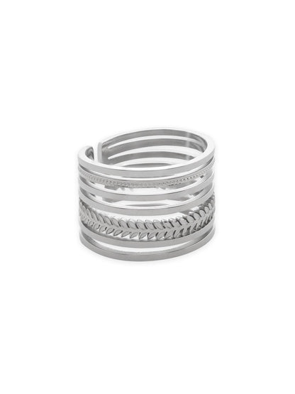 Rubans Voguish Rhodium Plated Stainless Steel Textured Contemporary Adjustable Ring Rings