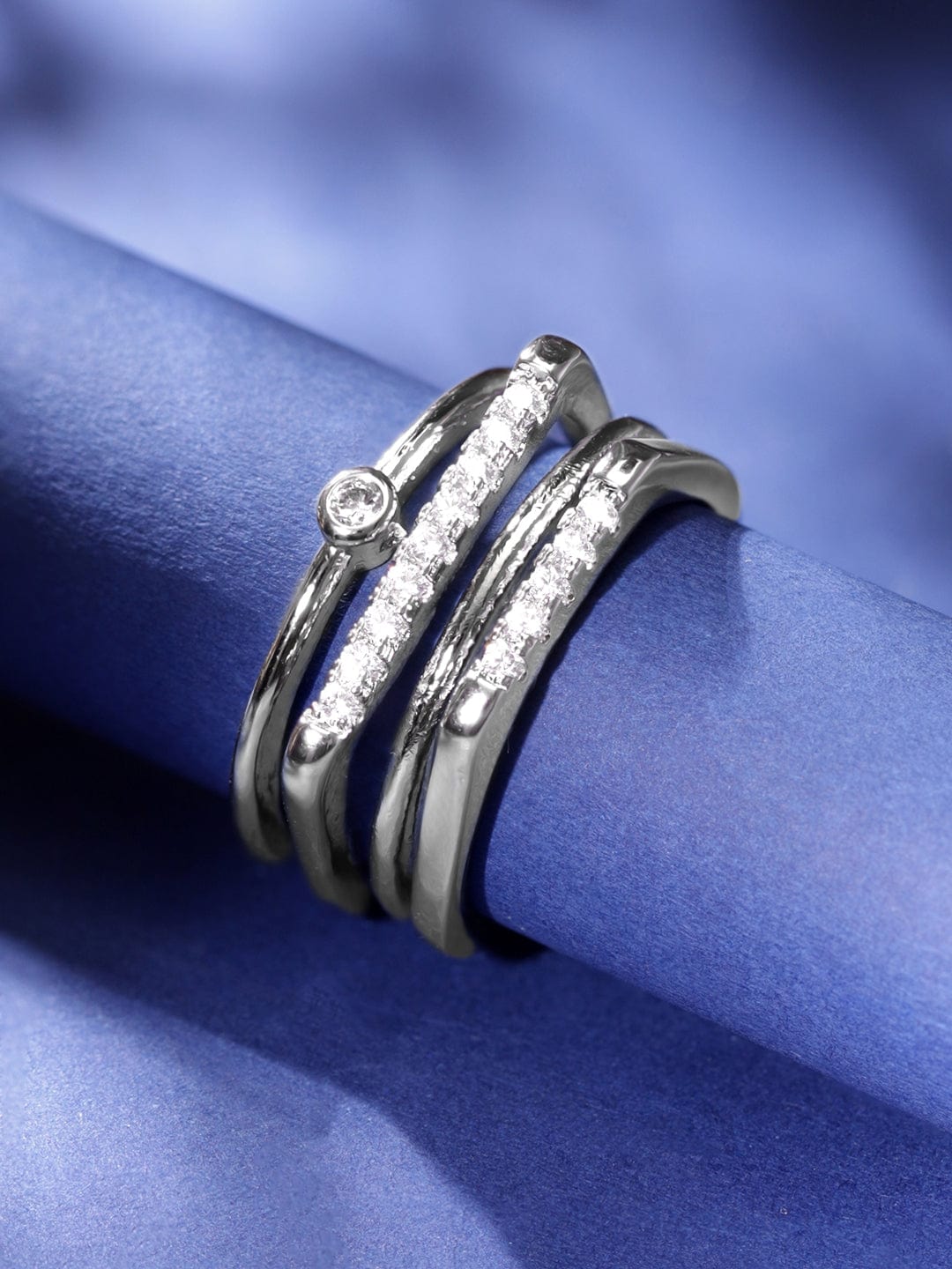 Rubans Voguish Rhodium plated Zirconia Studded Layered Contemporary Adjustable Ring Rings