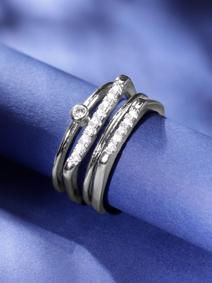 Rubans Voguish Rhodium plated Zirconia Studded Layered Contemporary Adjustable Ring Rings