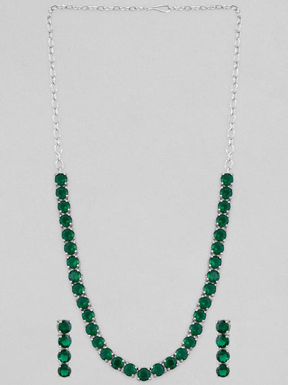 Rubans Voguish Silver-Plated &amp; Green Stone-Studded Jewellery Set Necklace Set