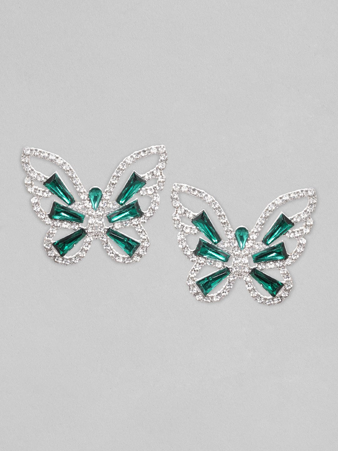 Rubans Voguish Silver Toned White &amp; Blue Zircons Studded Butterfly Statement Earring Earrings