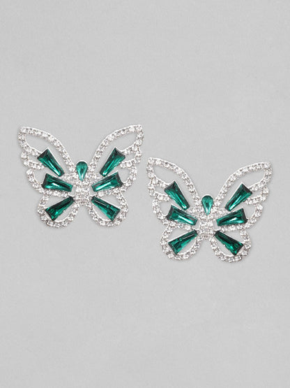 Rubans Voguish Silver Toned White &amp; Blue Zircons Studded Butterfly Statement Earring Earrings