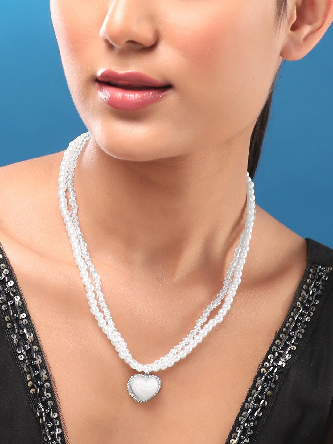 Rubans Voguish Silver-Toned &amp; White Brass Rhodium-Plated Layered Necklace Chain &amp; Necklaces