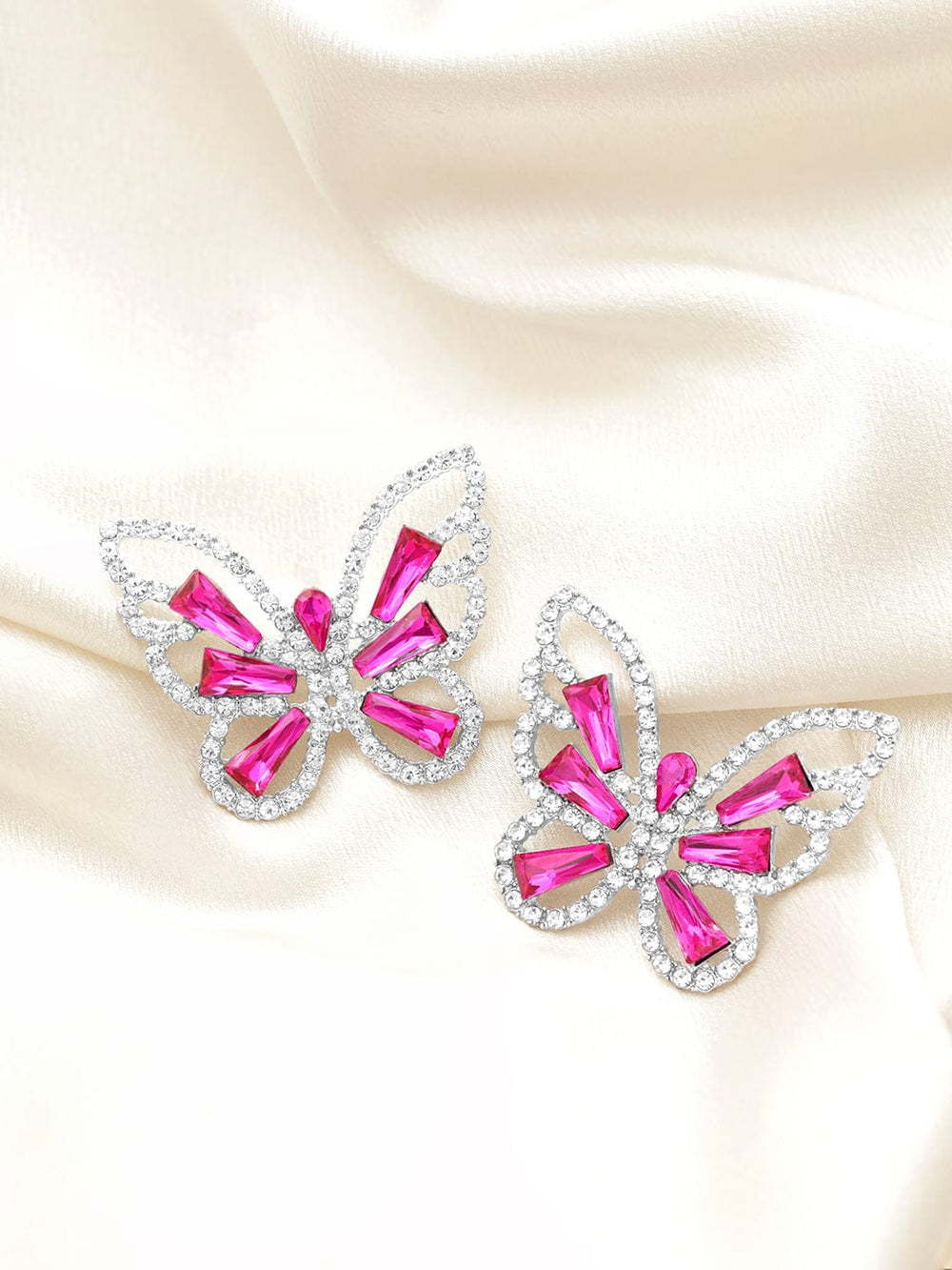 Rubans Voguish Silver Toned White & Magenta Zircons Studded Butterfly Statement Earring Earrings
