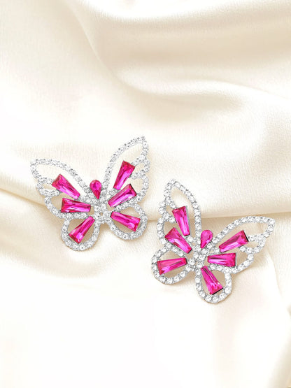 Rubans Voguish Silver Toned White &amp; Magenta Zircons Studded Butterfly Statement Earring Earrings