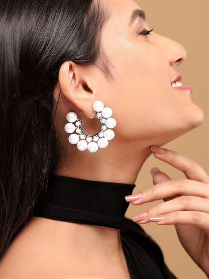 Rubans Voguish Silver Toned White Pearls Studded Hoop Earring Earrings