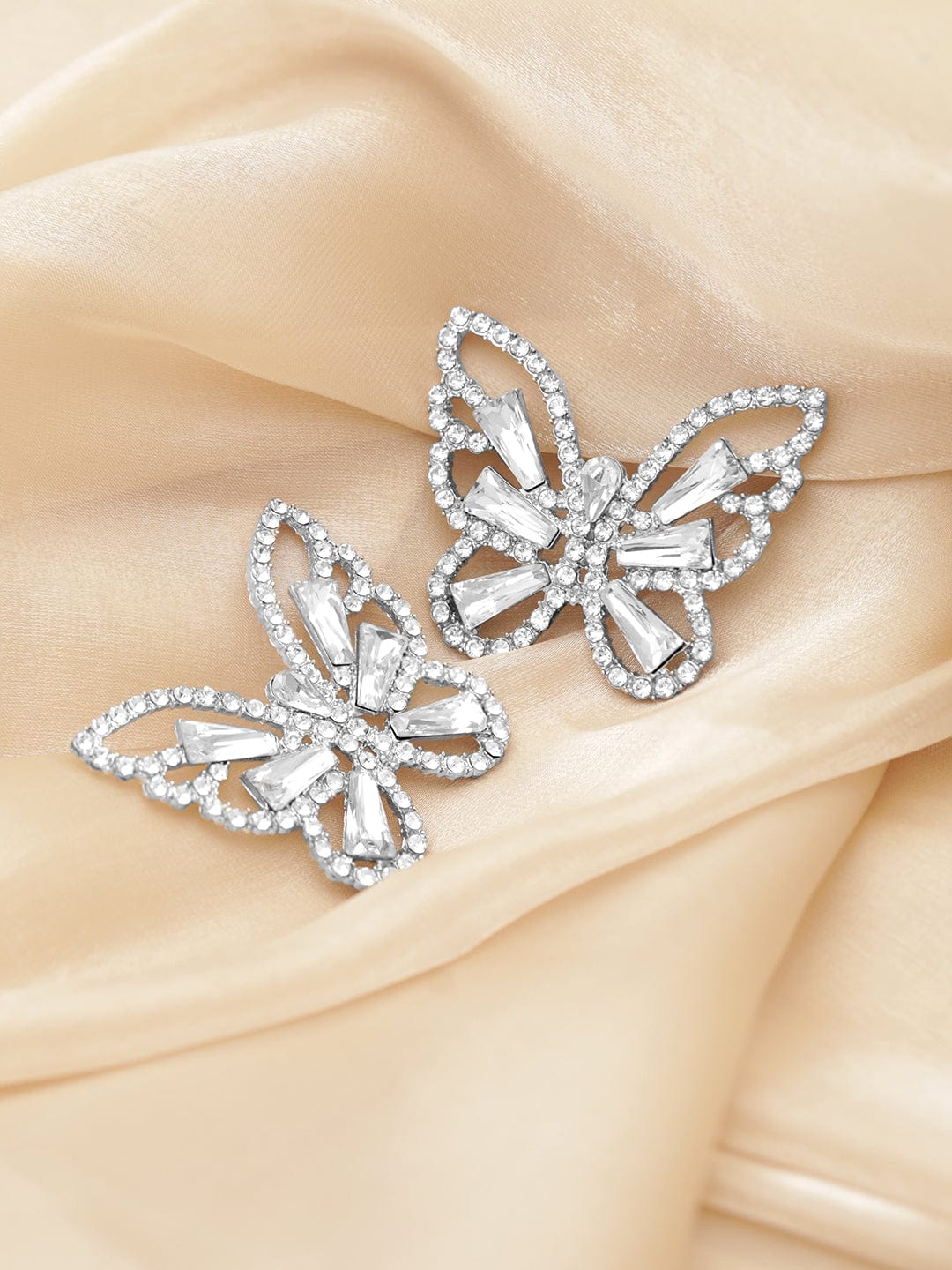 Rubans Voguish Silver Toned White Zircons Studded Butterfly Statement Earring Earrings