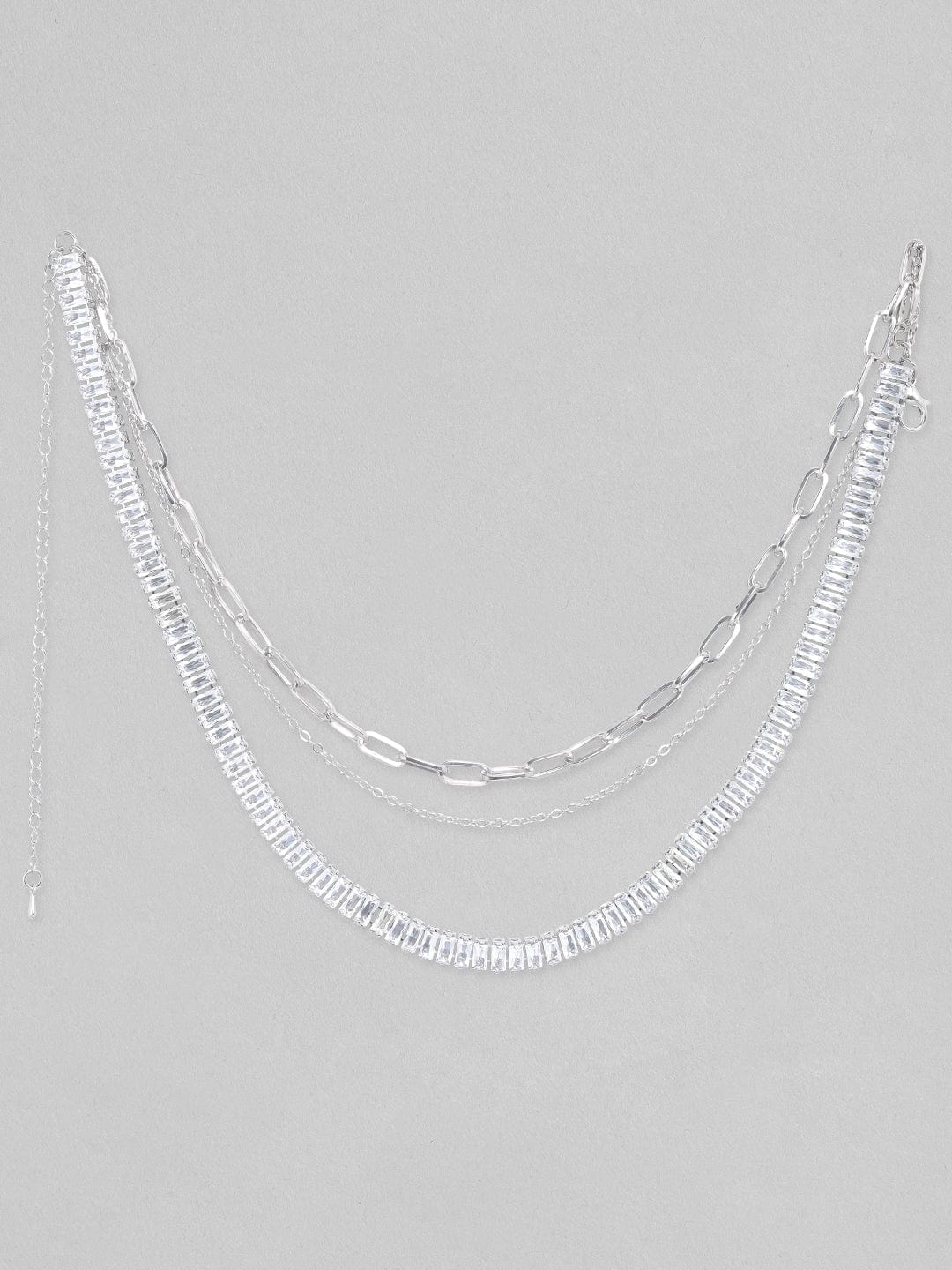Rubans Voguish Silver Toned With Baguette And Round Zircon Stones Studded Layered Necklace. Chain &amp; Necklaces