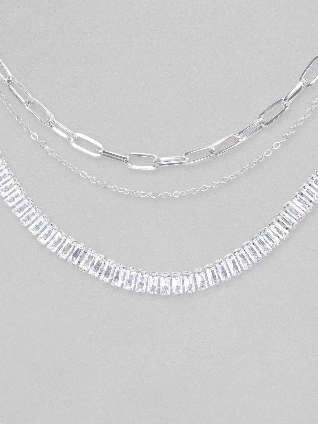 Rubans Voguish Silver Toned With Baguette And Round Zircon Stones Studded Layered Necklace. Chain &amp; Necklaces