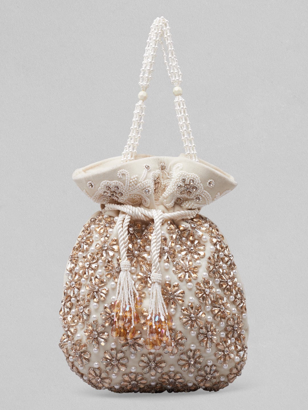 Rubans White And Golden Coloured Potli Bag With Embroided Design And Pearls. Handbag &amp; Wallet Accessories