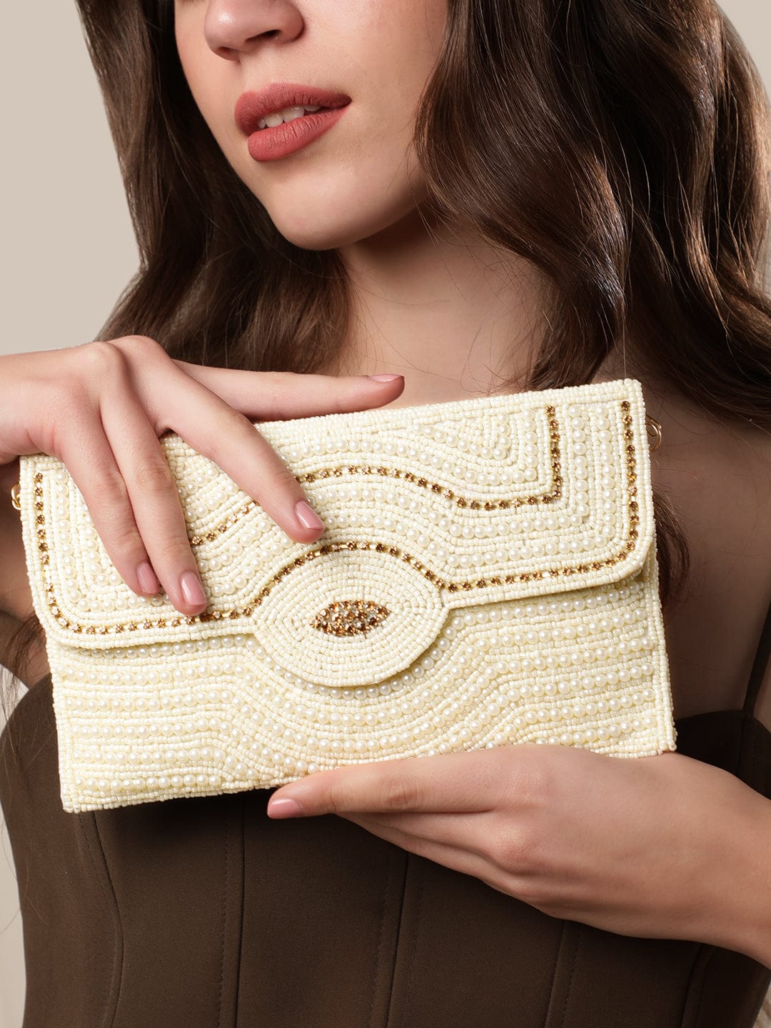 Rubans White Clutch Bags with Pearl and Stone Embellishment Handbag, Wallet Accessories & Clutches
