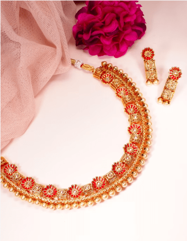 Rubans Women Gold-Plated & Red Handpainted Stone-Studded With Pearls Jewellery Set Jewellery Sets
