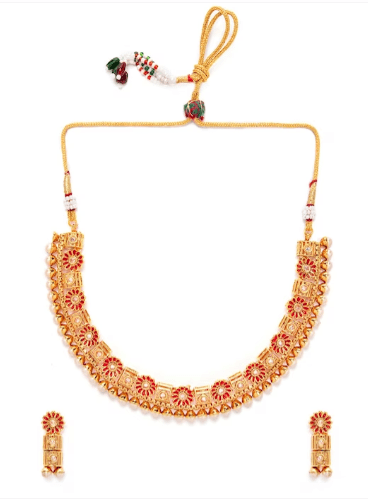 Rubans Women Gold-Plated & Red Handpainted Stone-Studded With Pearls Jewellery Set Jewellery Sets
