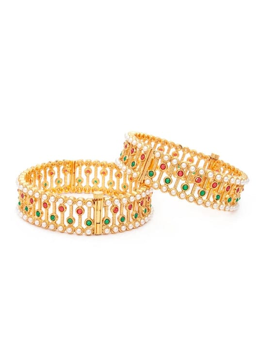 Rubans Women Set of 2 Gold-Toned Emerald &amp; Pearl Studded Bangles Bangles &amp; Bracelets