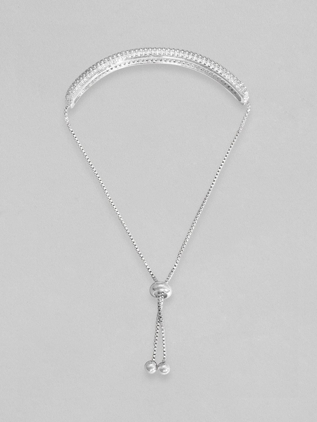 Rubans Women Silver-Toned &amp; White Brass Cubic Zirconia Rhodium-Plated Cuff Bracelet Bracelets