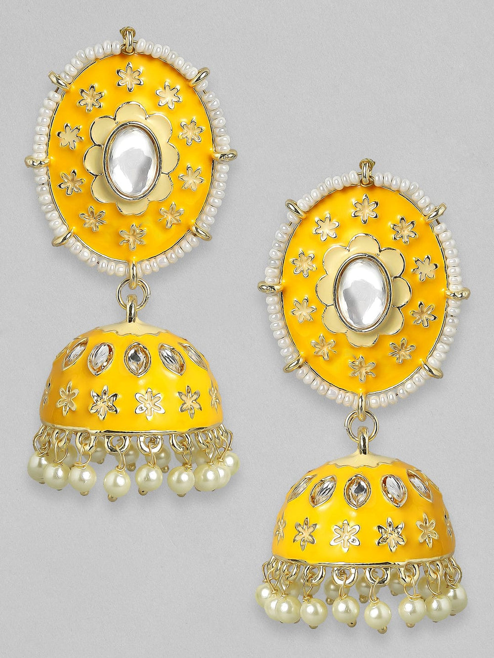 Rubans Yellow Enamel & Kundan Handcrafted Gold Plated Jhumka Earrings Earrings