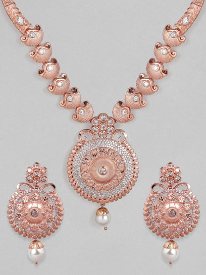 Rubans Zircon Studded Filigree Handcrafted Rose Gold Plated Statement Necklace Set Necklace Set