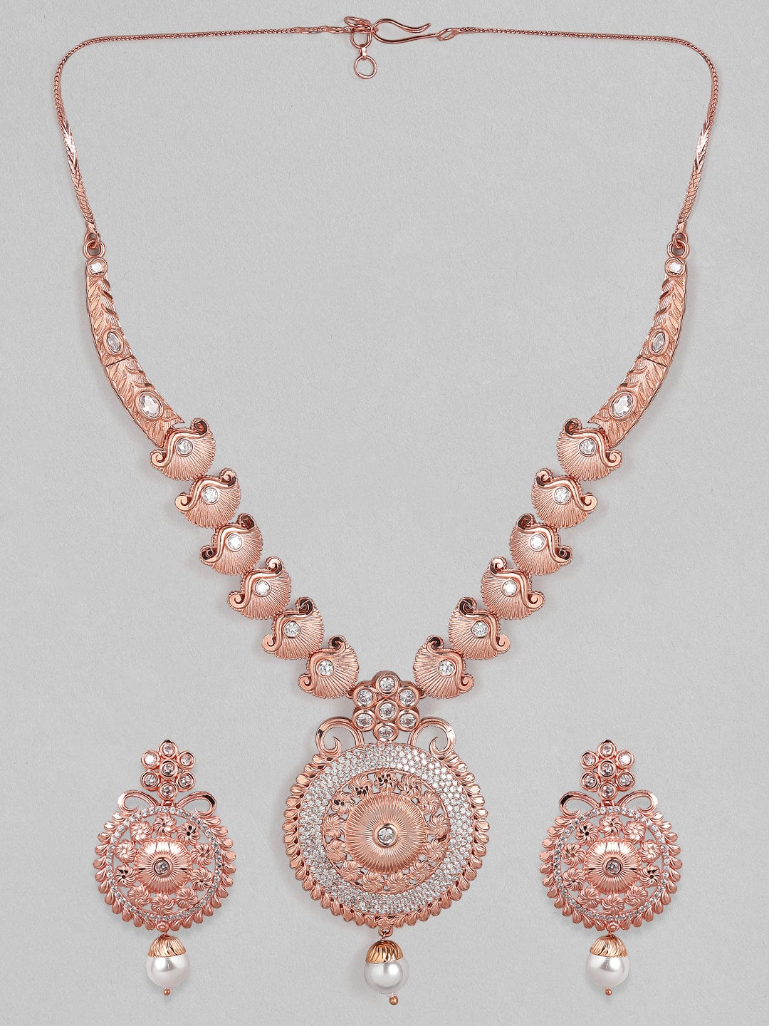 Rubans Zircon Studded Filigree Handcrafted Rose Gold Plated Statement Necklace Set Necklace Set