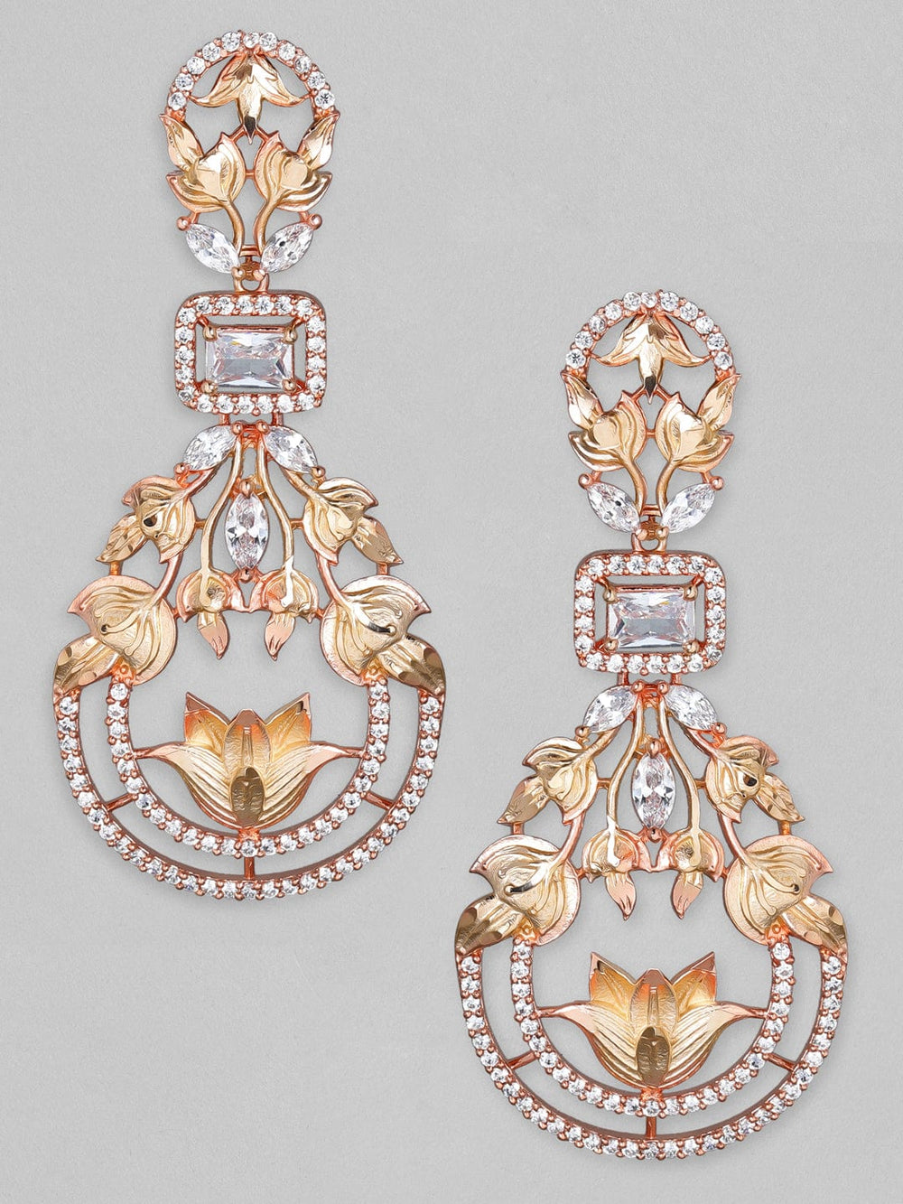 Rubans Zircon Studded Handcrafted Rose Gold Plated Filligree Floral Drop Earrings Earrings