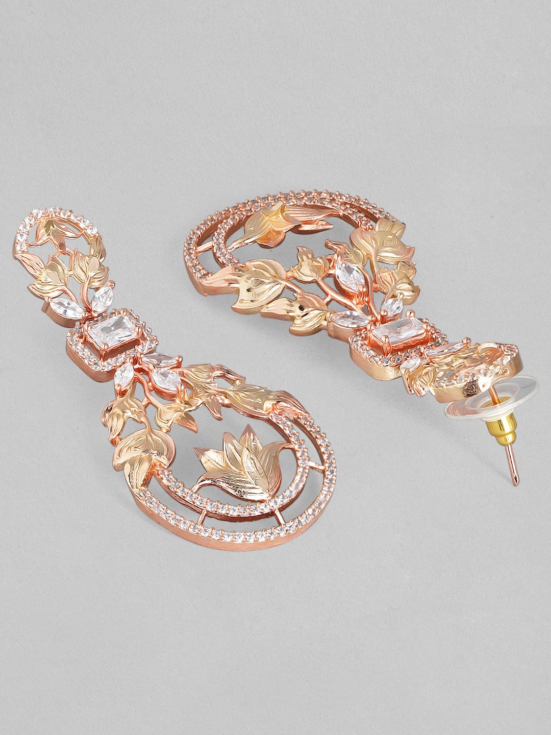 Rubans Zircon Studded Handcrafted Rose Gold Plated Filligree Floral Drop Earrings Earrings